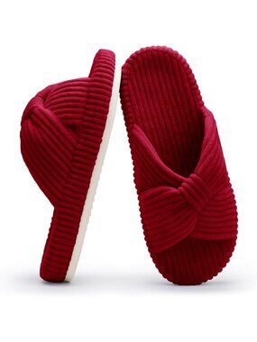 Women's Red Memory Foam House Corduroy Bow Crossbands Comfy Soft Slipper Shoes